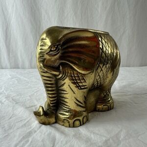 Vintage Brass Elephant Planter Plant Pot Solid Heavy 6" Tall Mid Century Decor